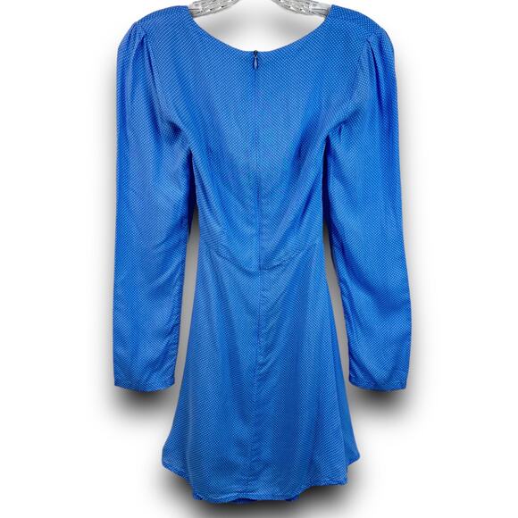 Skylar and Madison Blue Cut Out Tie Front Mini Dress White Microdot Size Small - Picture 6 of 7